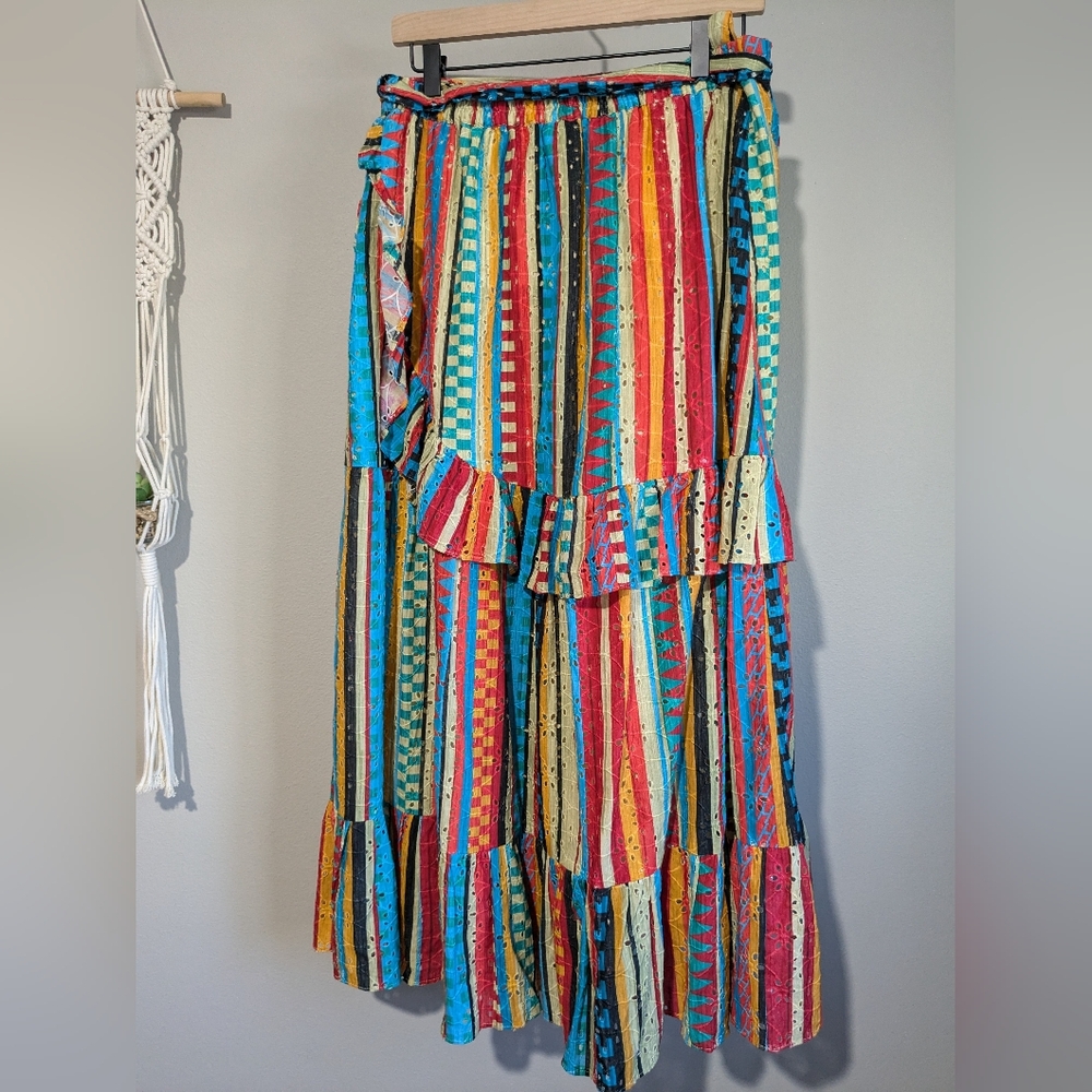 Anthropologie Verb Rainbow Vertical Stripe Ruffle Wrap Skirt M - Picture 9 of 16